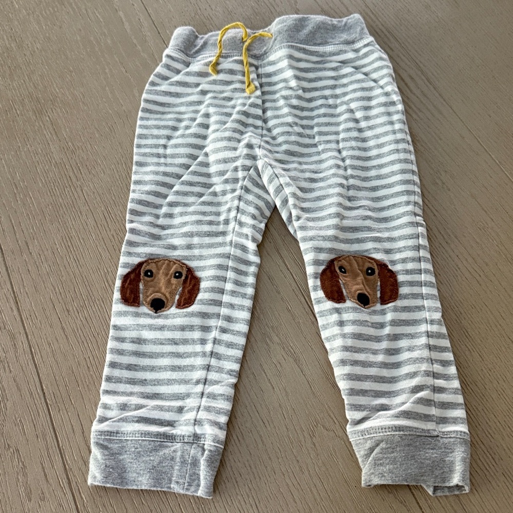 Baby Boden Gray Striped Pants with Dog Knee Patch Appliqué